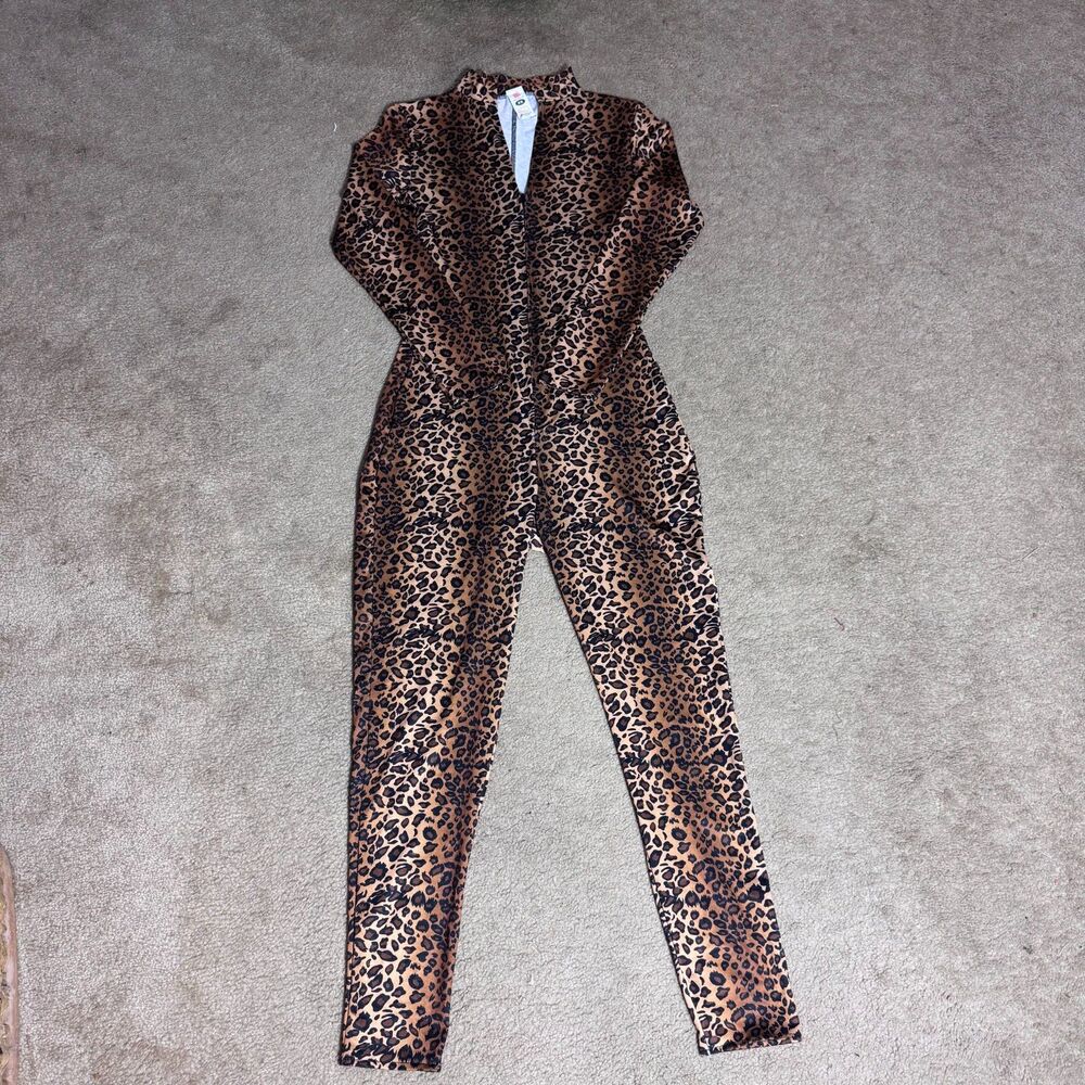 Leopard Print Zip Front Long Sleeve Fitted Jumpsuit Catsuit Bodycon Size XS